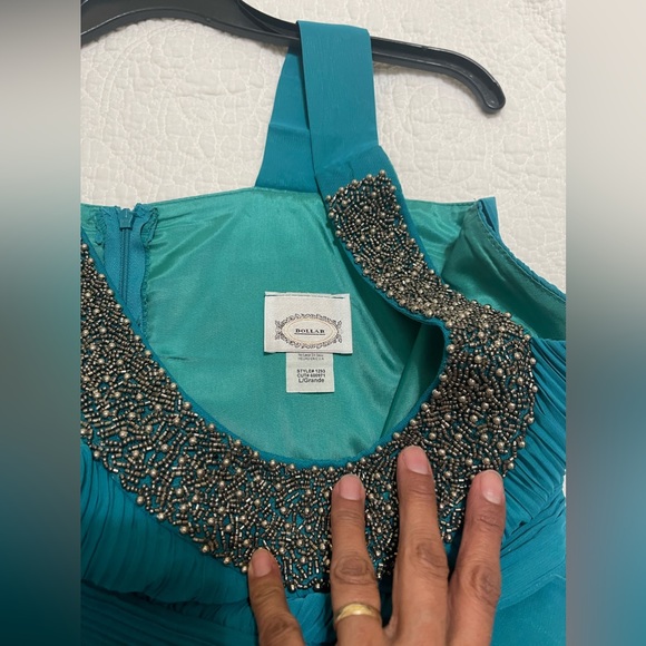 Beaded embellished necklace teal party dress, worn once, sleeveless Size L - Picture 7 of 10